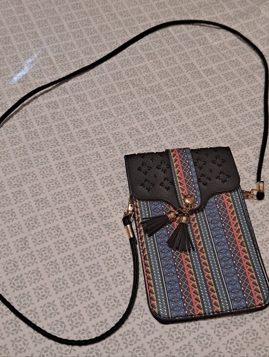 Handbags - Patterned Crossbody Phone Bag with Tassels - Black & Multi
